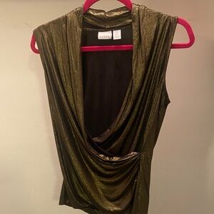 Kenar Metallic Olive Green Draped Cowl Neck Sleeveless Top